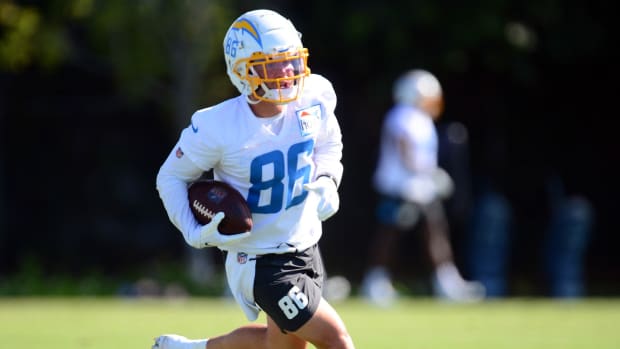 Jul 29, 2021; Costa Mesa, CA, United States; Los Angeles Chargers wide receiver Austin Proehl (86) during training camp at Jack Hammett Sports Complex.